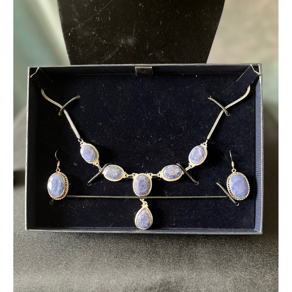 Stauer Necklace and Earring Set Sterling Silver Simulated Sapphire Jewelry Women - Picture 7 of 8